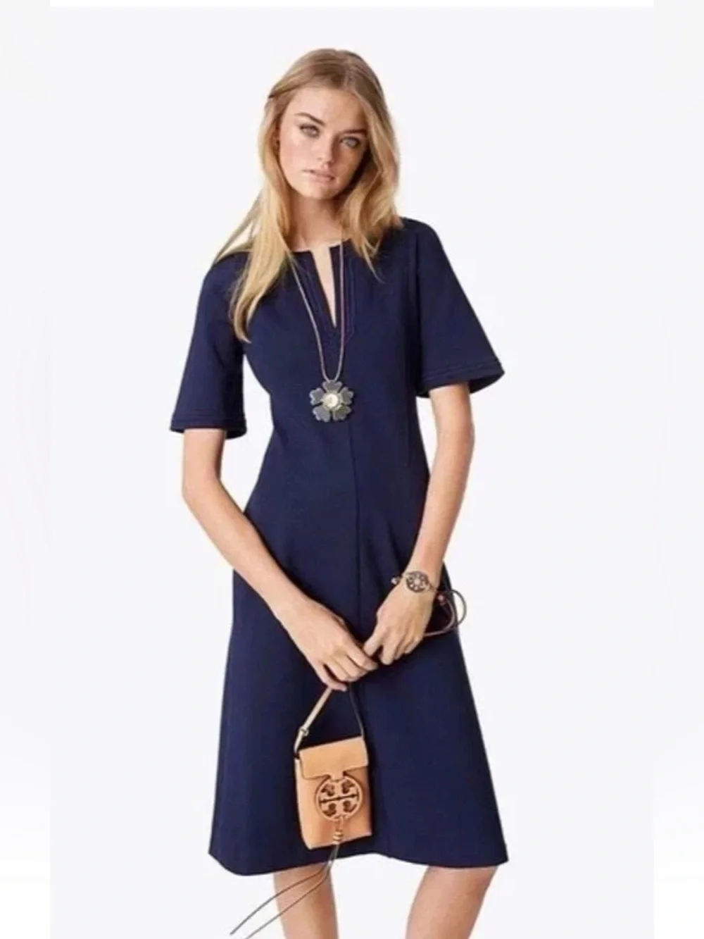 Tory Burch Jules Midi A-Line Dress Navy Blue Size S Short Sleeve Career
